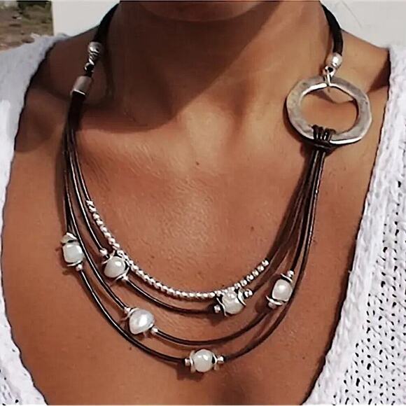 Jewelry - Multi-Strand Pearl Accent Necklace in Brown and Silver -